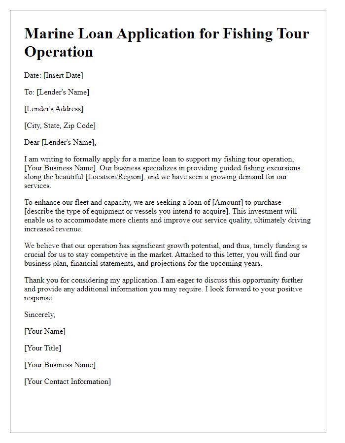 Letter template of marine loan application for a fishing tour operation.