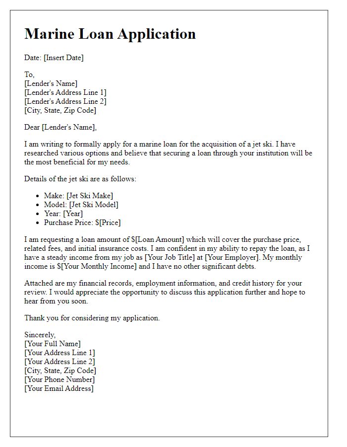 Letter template of marine loan application for jet ski acquisition.