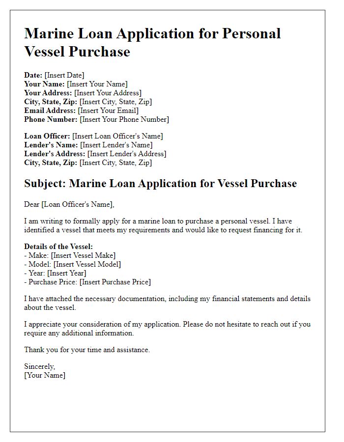 Letter template of marine loan application for personal vessel purchase.