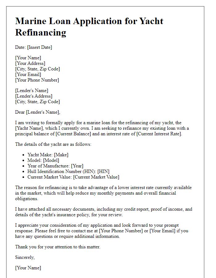 Letter template of marine loan application for yacht refinancing.