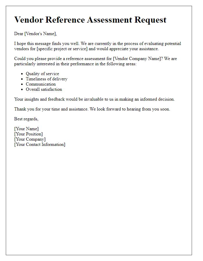 Letter template of vendor reference assessment request