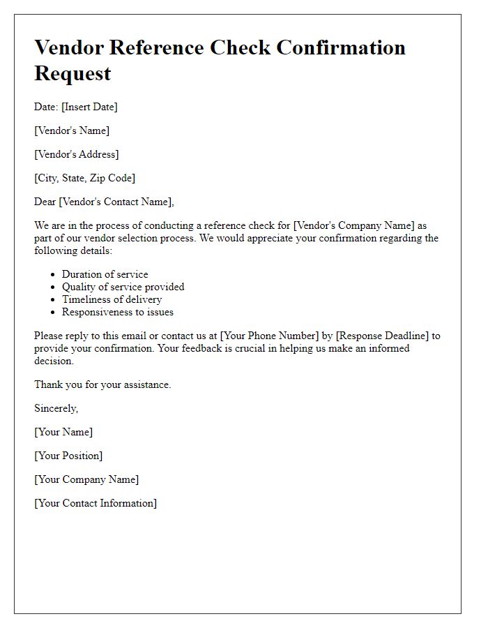 Letter template of vendor reference check confirmation request