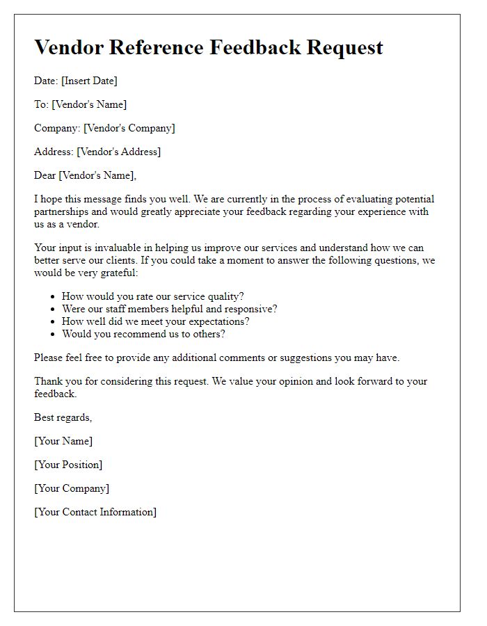 Letter template of vendor reference feedback request
