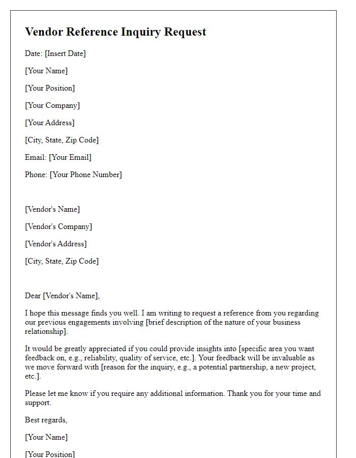 Letter template of vendor reference inquiry request