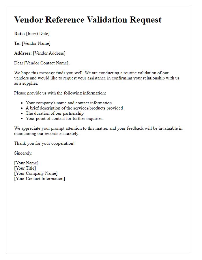 Letter template of vendor reference validation request