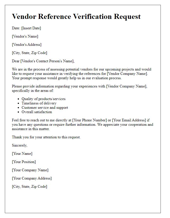 Letter template of vendor reference verification request