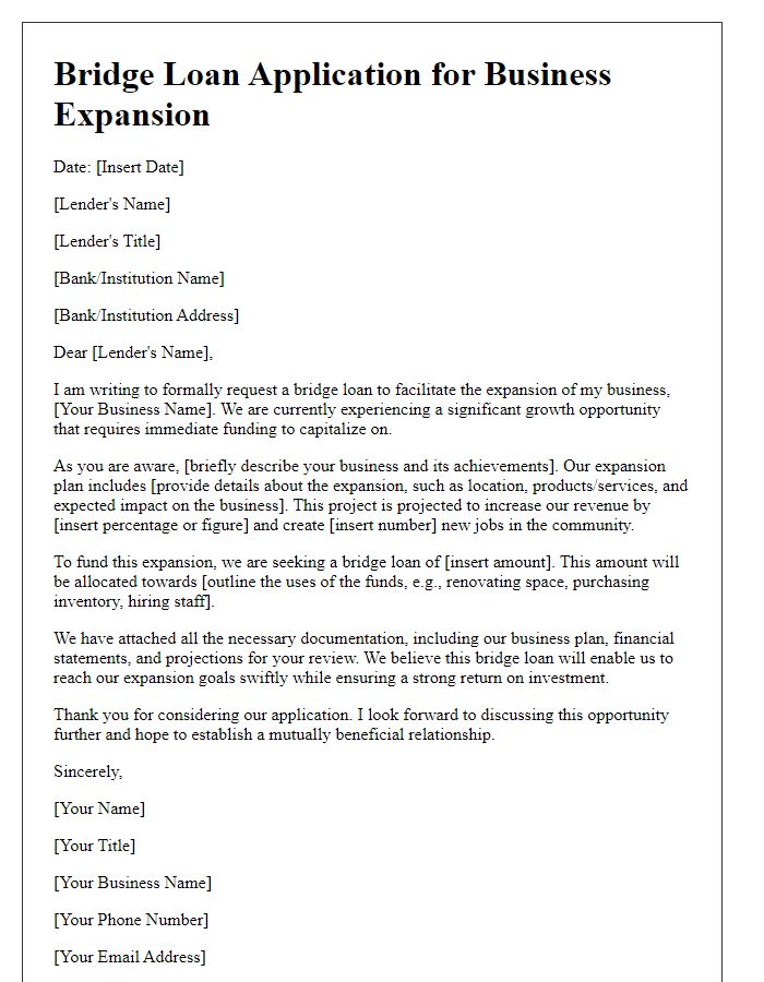 Letter template of bridge loan application for business expansion.