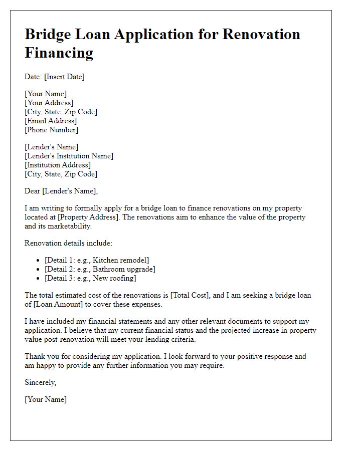 Letter template of bridge loan application for renovation financing.