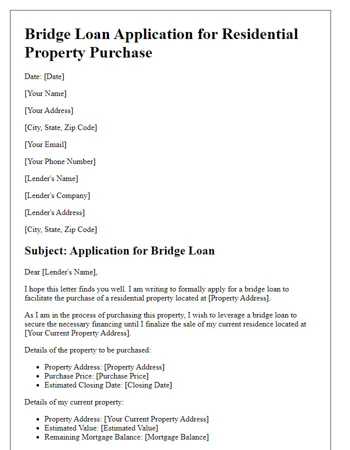 Letter template of bridge loan application for residential property purchase.