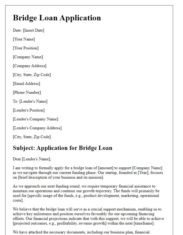 Letter template of bridge loan application for startup funding.