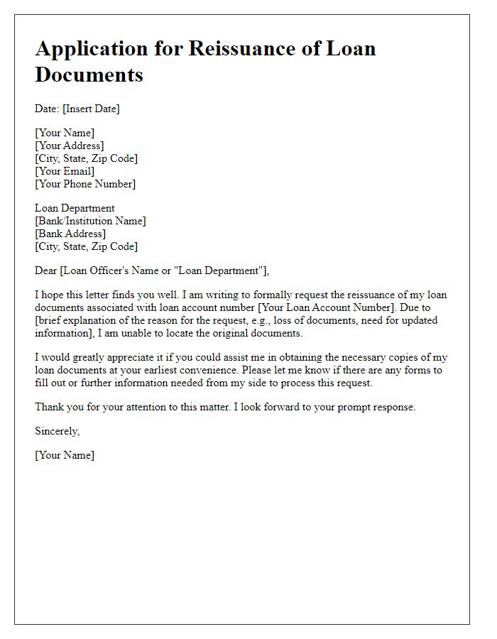 Letter template of application for reissued loan documents