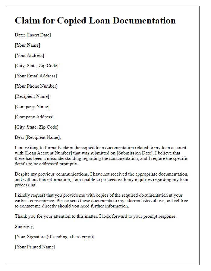 Letter template of claim for copied loan documentation