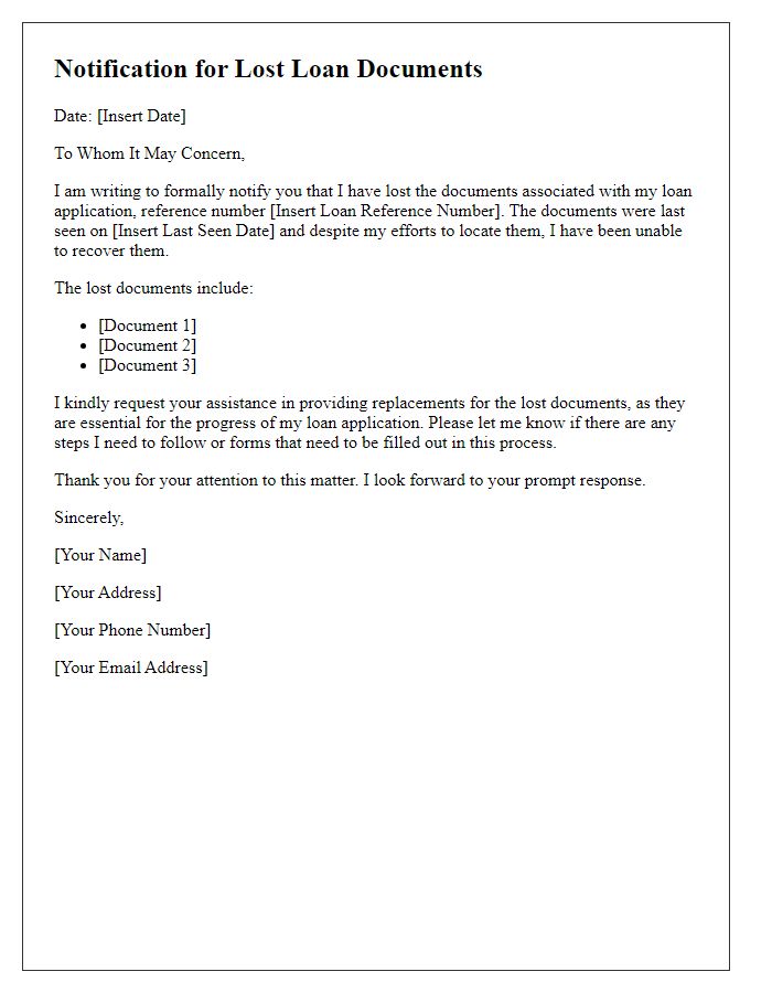 Letter template of notification for lost loan documents