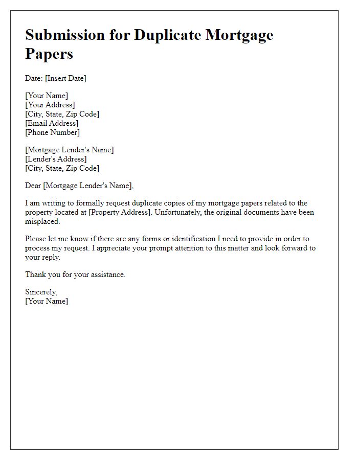 Letter template of submission for duplicate mortgage papers