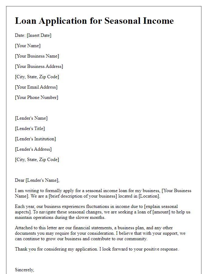 Letter template of seasonal income loan application for small business owners.