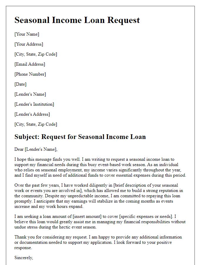 Letter template of seasonal income loan request for event-based workers.