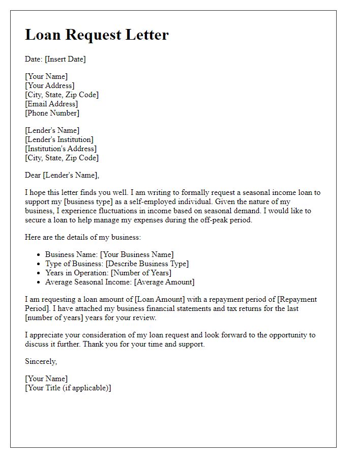 Letter template of seasonal income loan request for self-employed individuals.