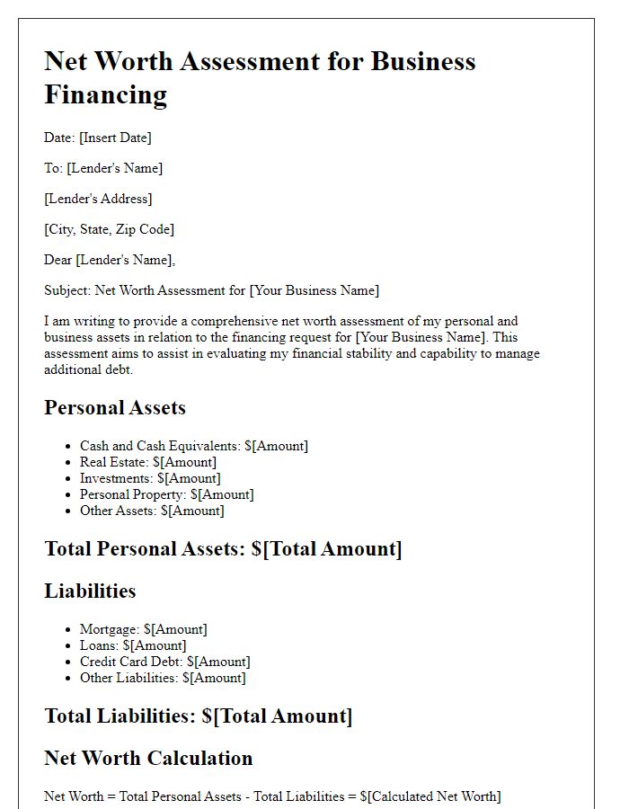 Letter template of net worth assessment for business financing