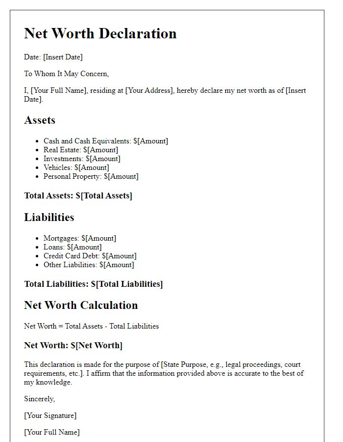 Letter template of net worth declaration for legal proceedings