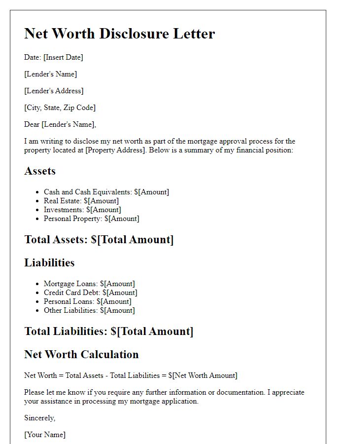 Letter template of net worth disclosure for mortgage approval