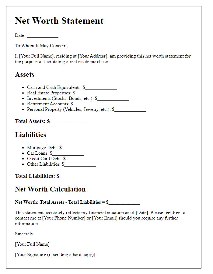 Letter template of net worth statement for real estate purchase