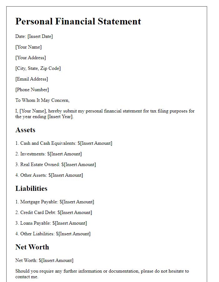 Letter template of personal financial statement for tax filing