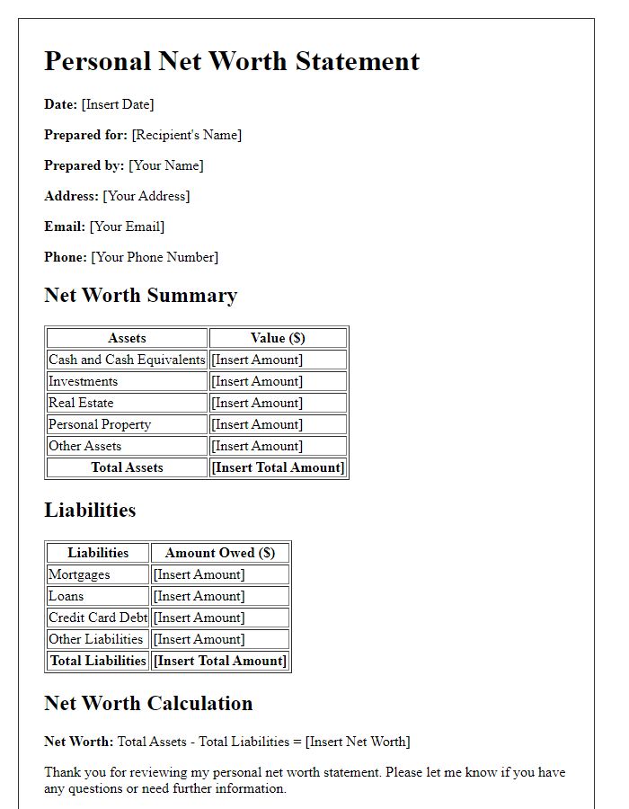 Letter template of personal net worth statement for financial review