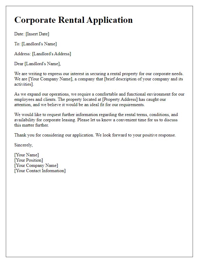 Letter template of rental application introduction for corporate rentals.