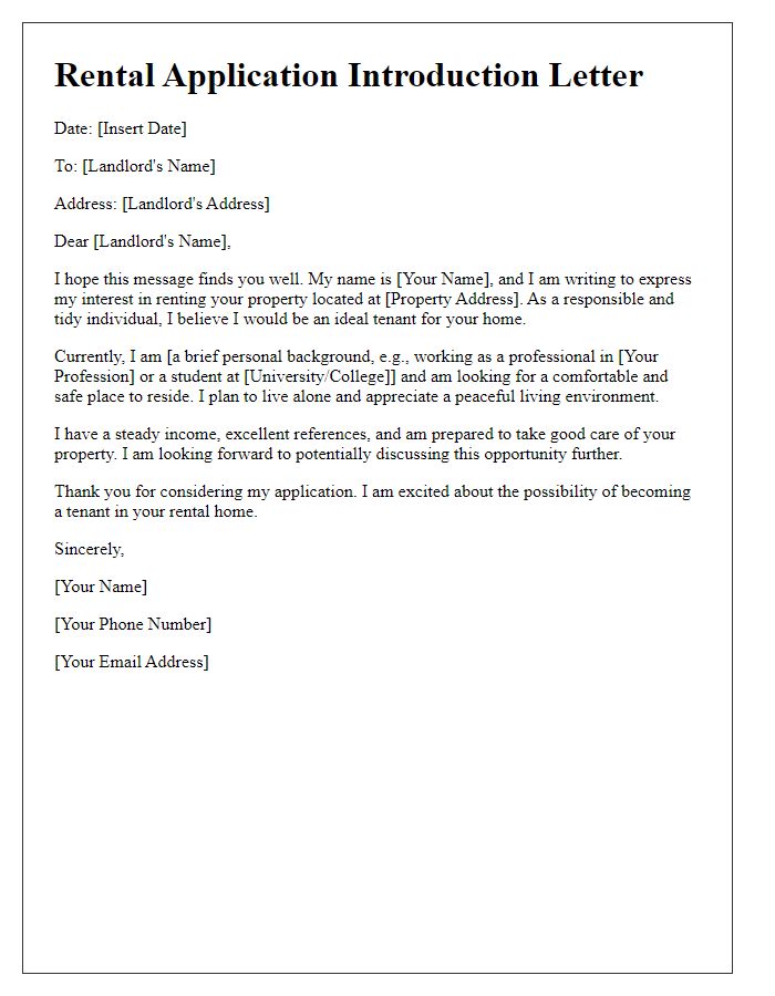 Letter template of rental application introduction for single applicants.