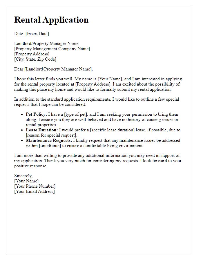 Letter template of rental application addressing special requests