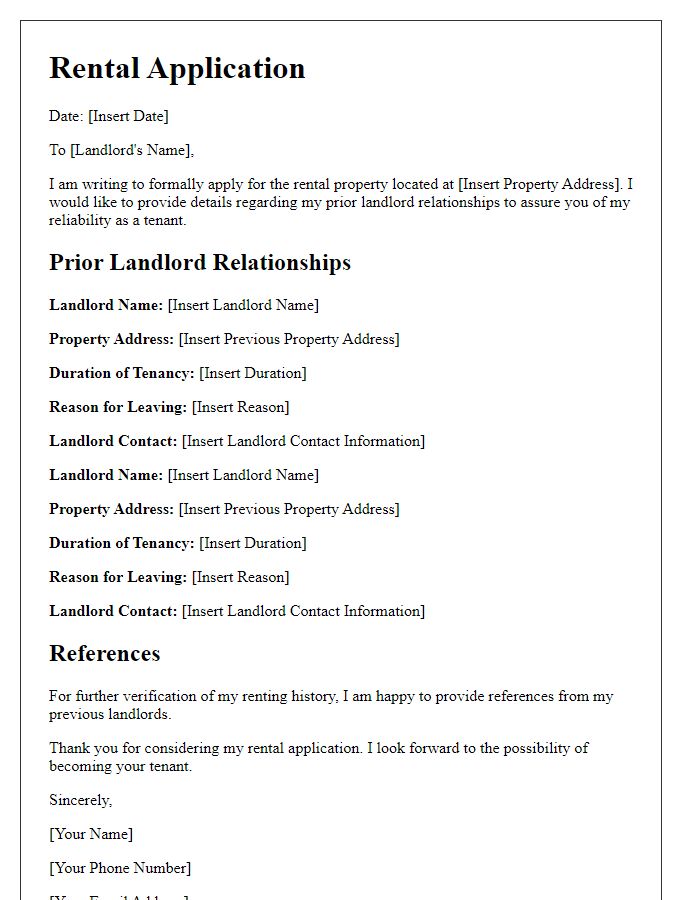 Letter template of rental application detailing prior landlord relationships