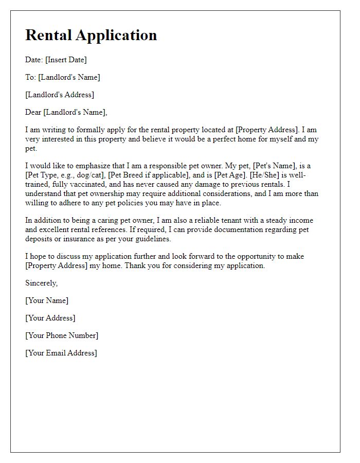 Letter template of rental application emphasizing pet ownership