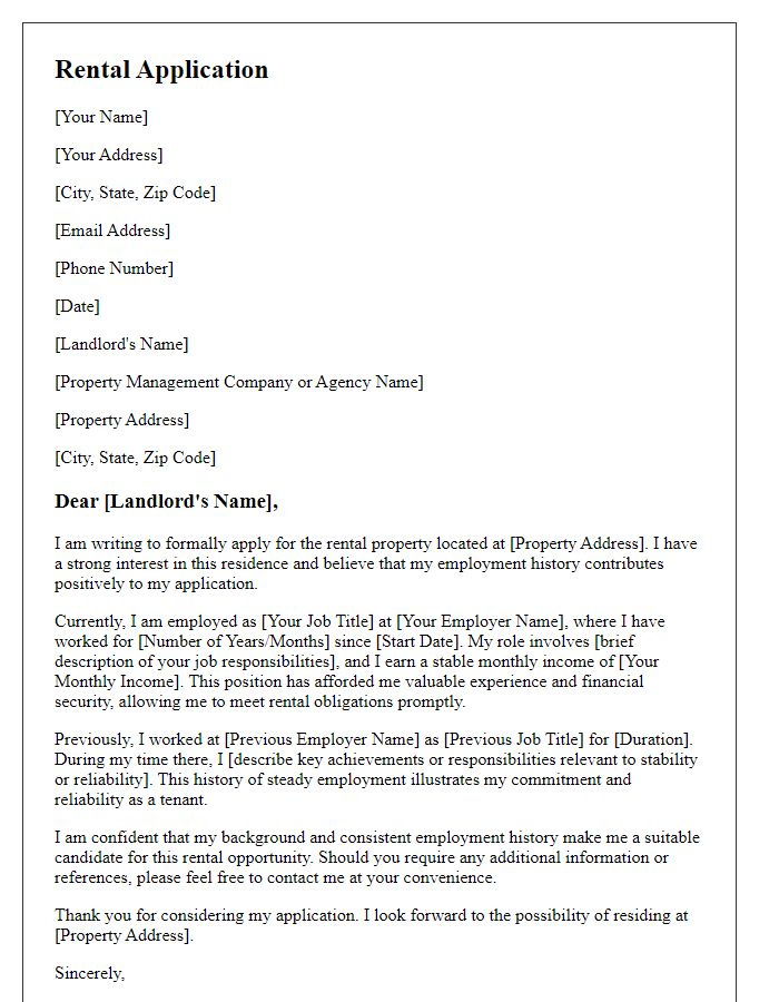 Letter template of rental application focusing on employment history