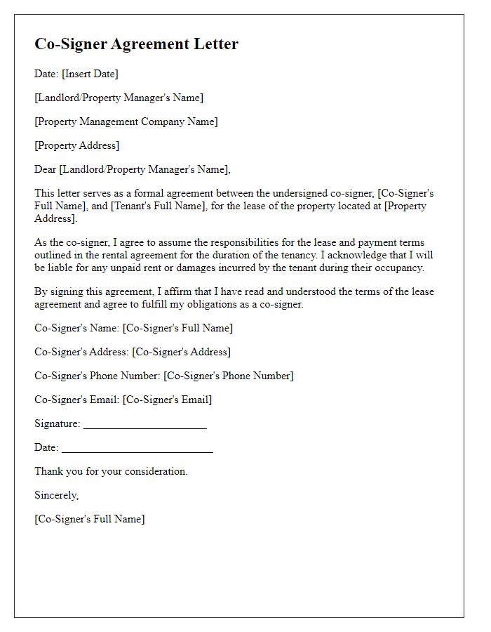 Letter template of co-signer agreement for apartment rental