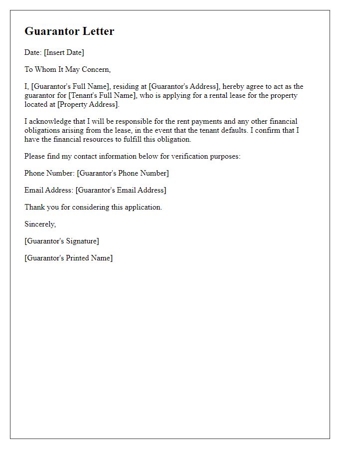 Letter template of guarantor letter for rental lease application