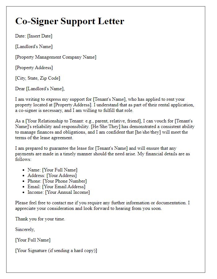 Letter template of rental application support from co-signer