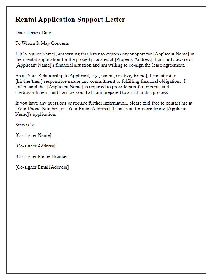 Letter template of rental application support letter from co-signer