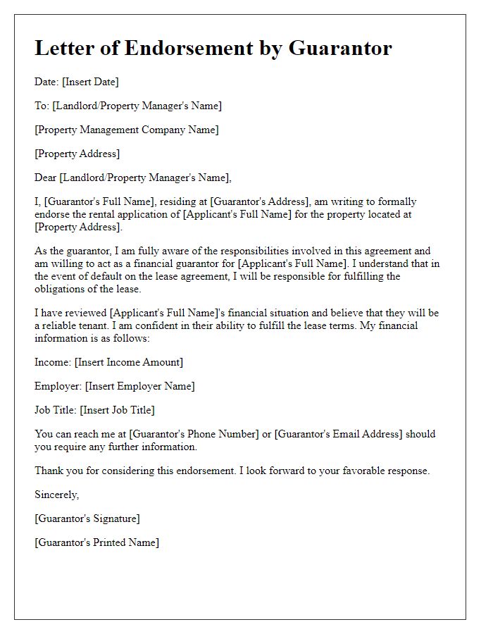 Letter template of rental application endorsement by guarantor