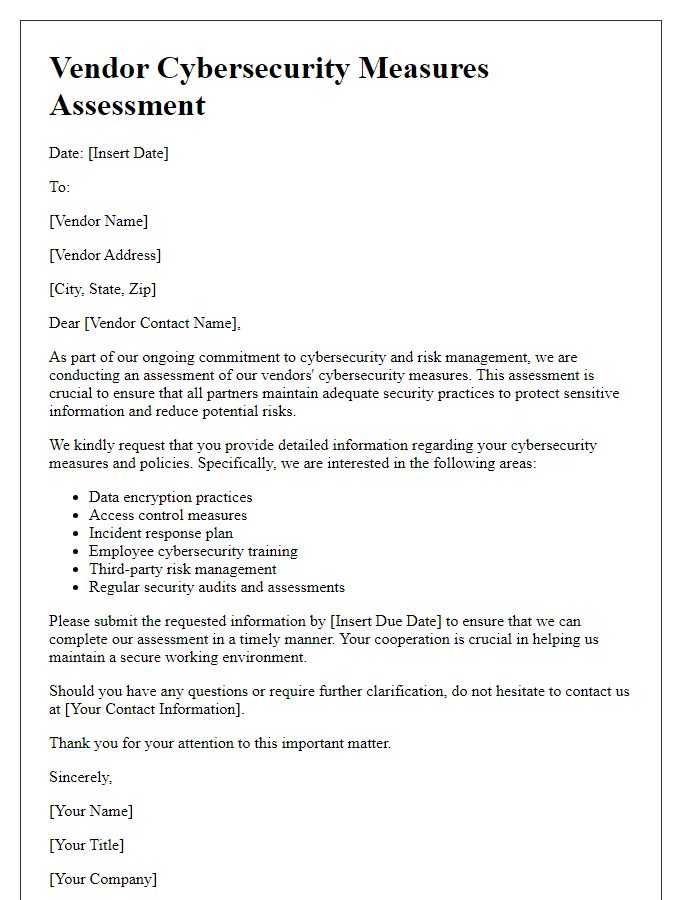 Letter template of vendor cybersecurity measures assessment