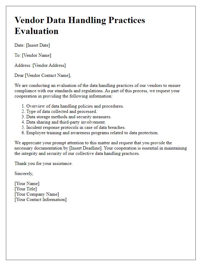 Letter template of vendor data handling practices evaluation