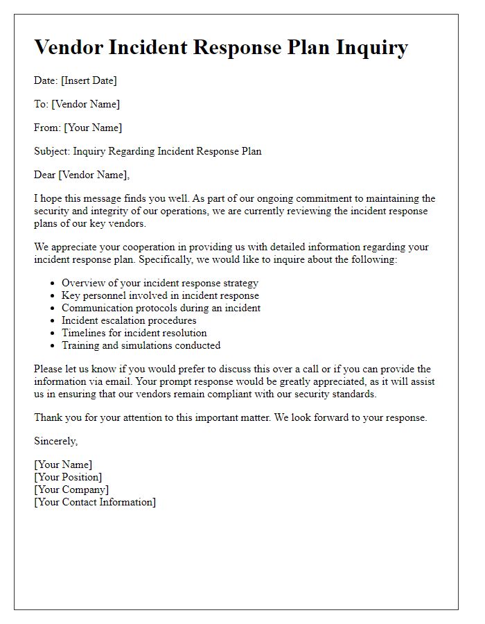 Letter template of vendor incident response plan inquiry