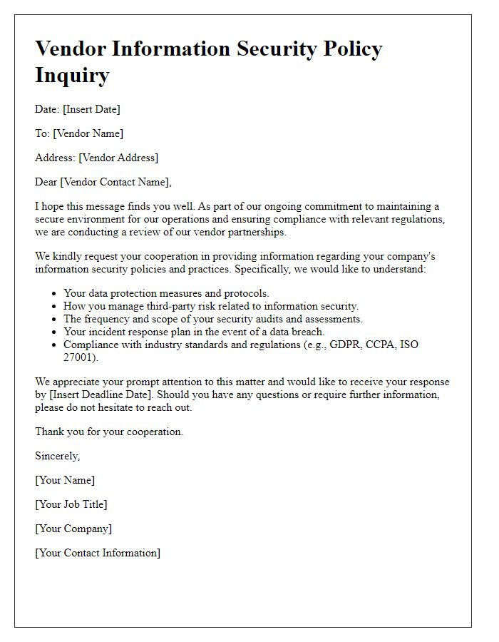 Letter template of vendor information security policy inquiry