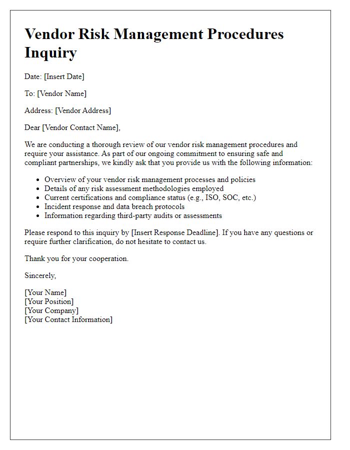 Letter template of vendor risk management procedures inquiry