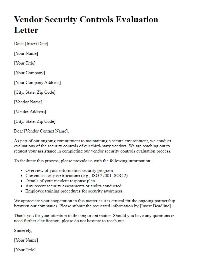 Letter template of vendor third-party security controls evaluation