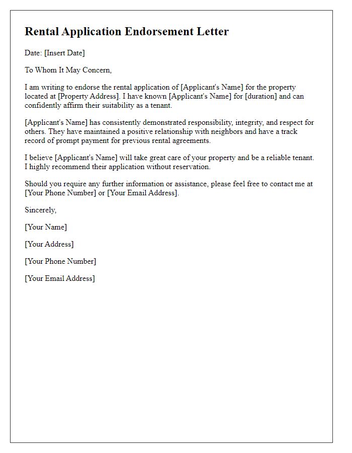 Letter template of rental application endorsement letter