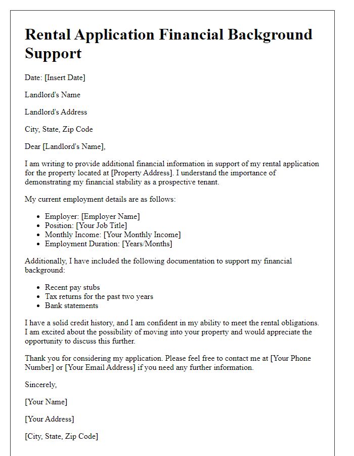 Letter template of rental application financial background support