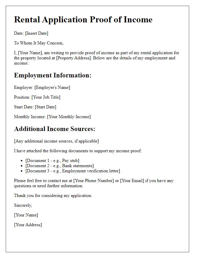 Letter template of rental application proof of income