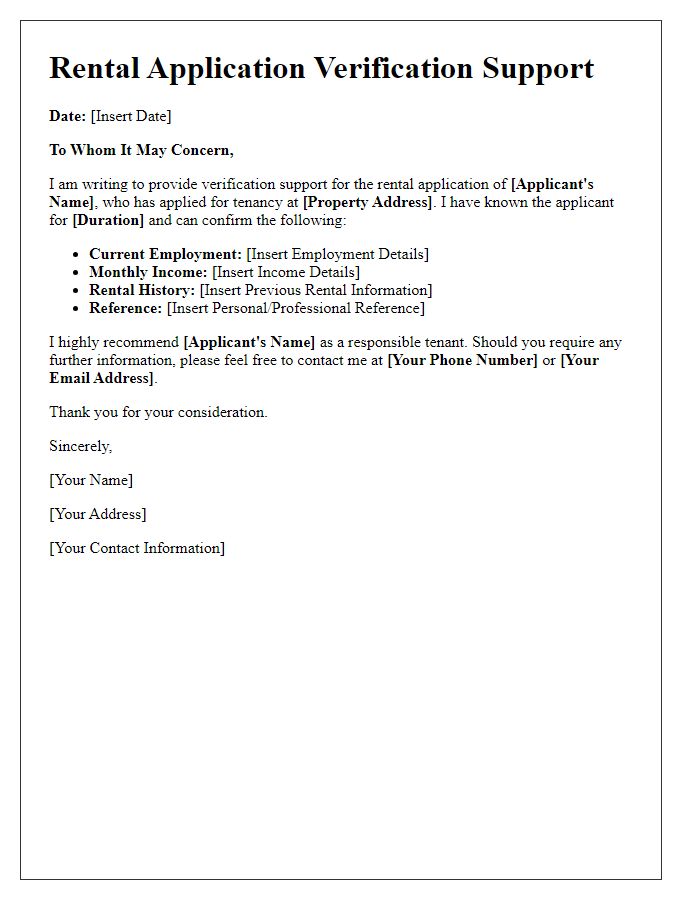 Letter template of rental application verification support