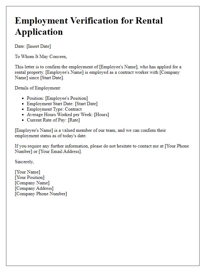 Letter template of rental application employment verification for contract workers