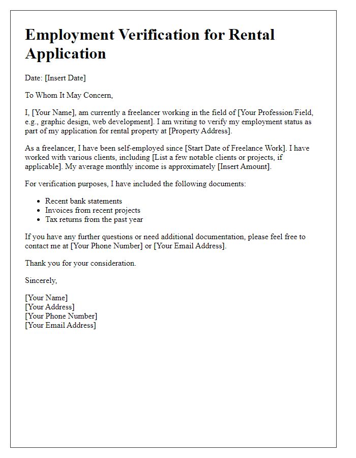 Letter template of rental application employment verification for freelancers